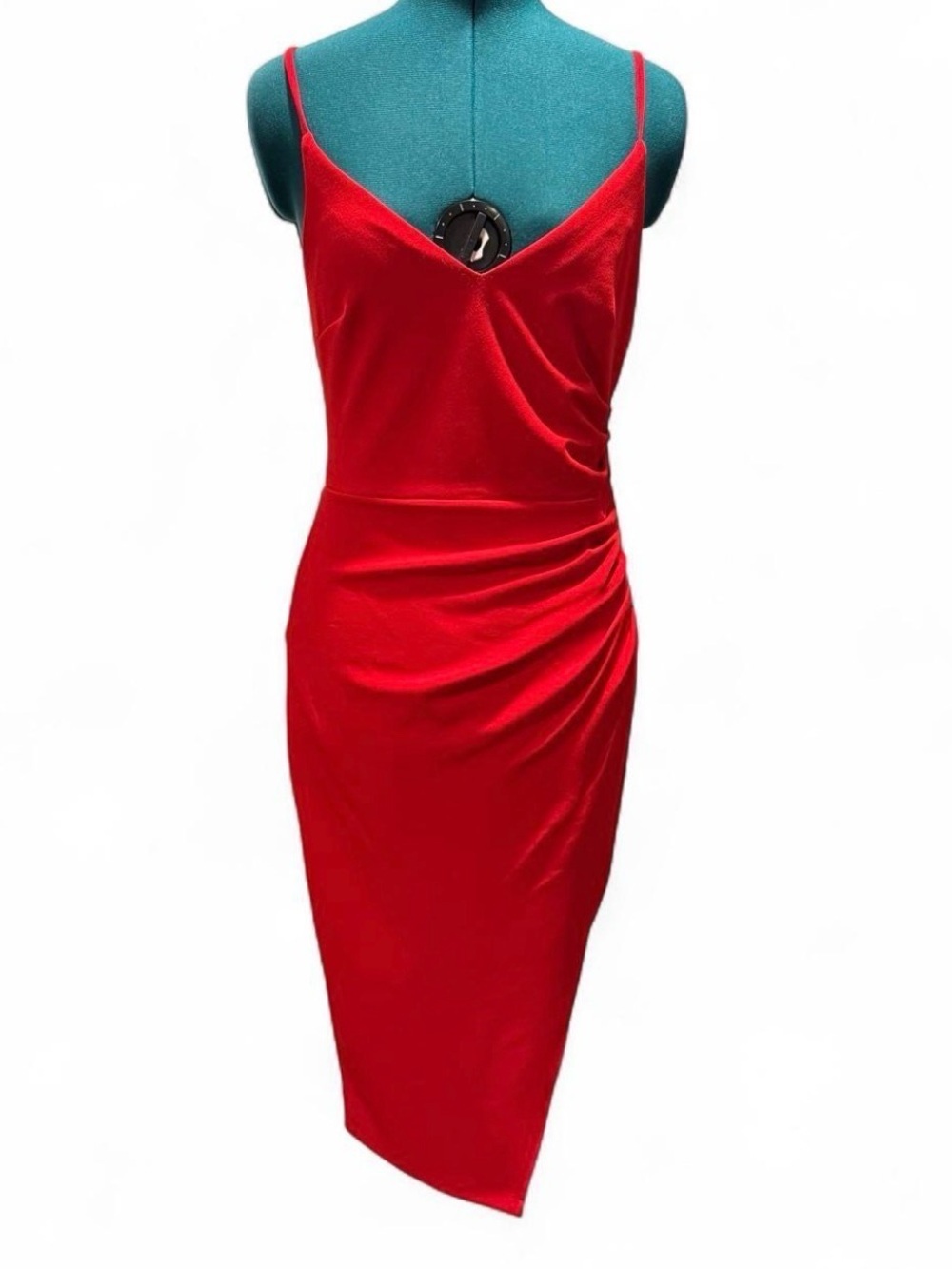 PremierAmour Red Asymmetric Ruched Spaghetti-Strap Midi Dress